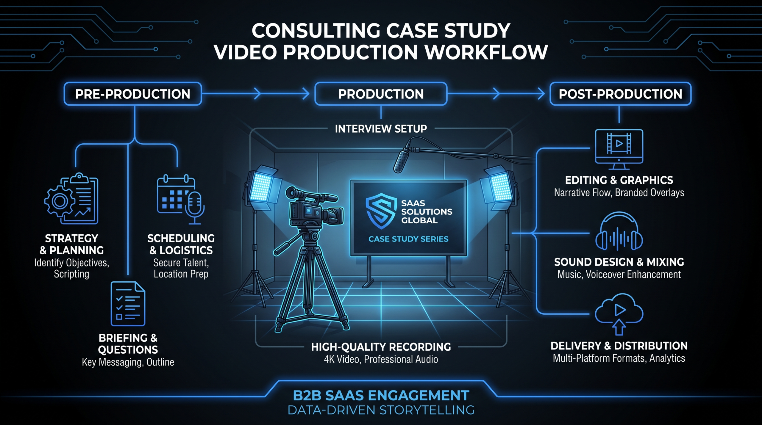 Client case study video production setup for consulting firms — camera, branded graphics, professional lighting