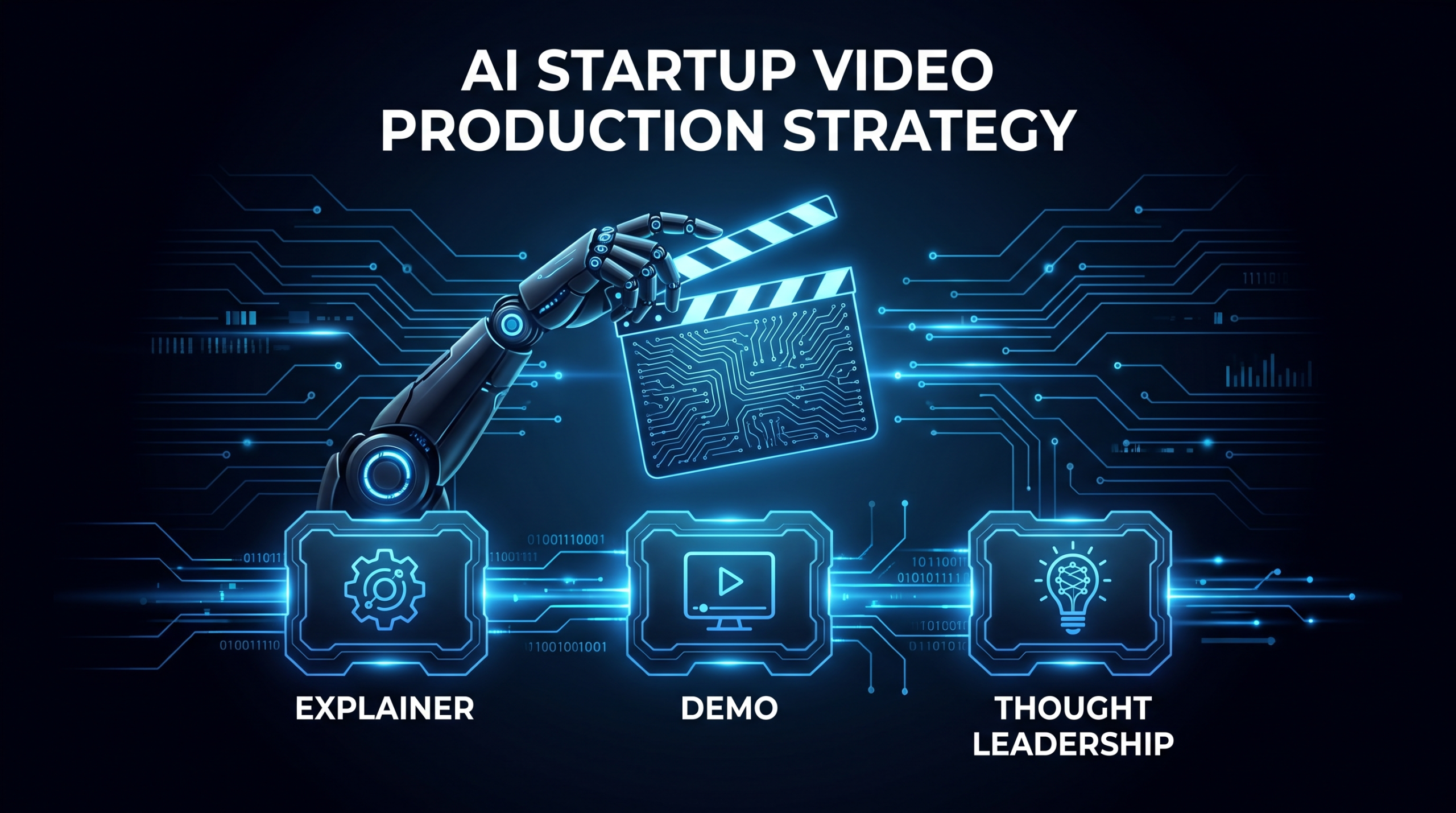 Video Production for AI Startups: 2026 Guide — dark tech infographic showing AI video strategy framework