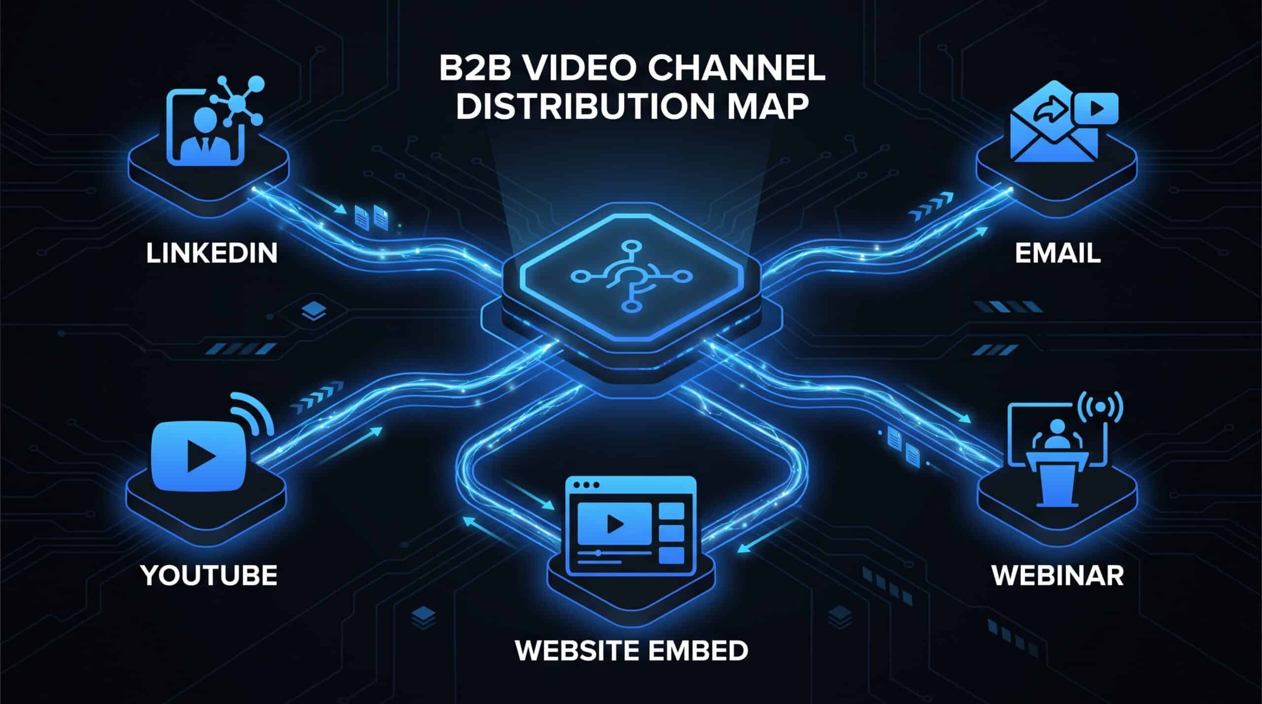 Where to Publish B2B Videos: Channel Guide showing distribution map across LinkedIn, YouTube, email, website and sales enablement